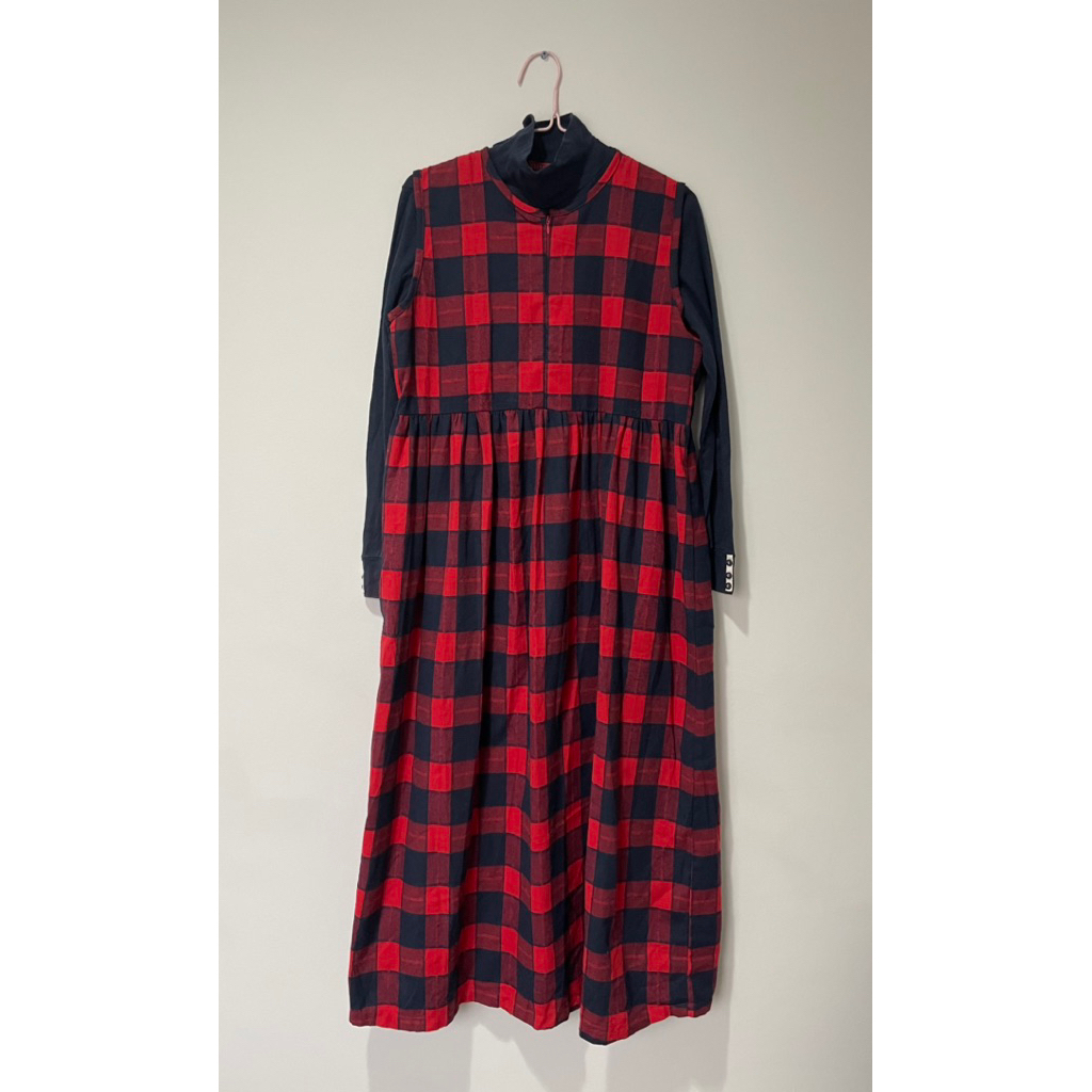 Set 2in1 Dress Gamis Longdress Flanel Midi Inner Dongker Outer Kotak Merah Muslim Hijab Motif Wanita