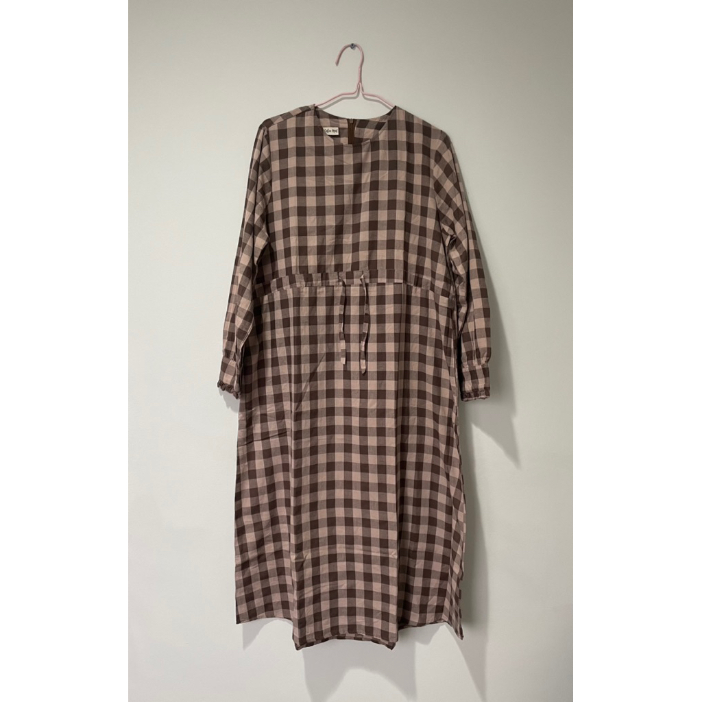 Dress Gamis Longdress Tunik Maxi Midi Lengan Panjang Muslim Hijab Merah Motif Kotak Wanita Premium M