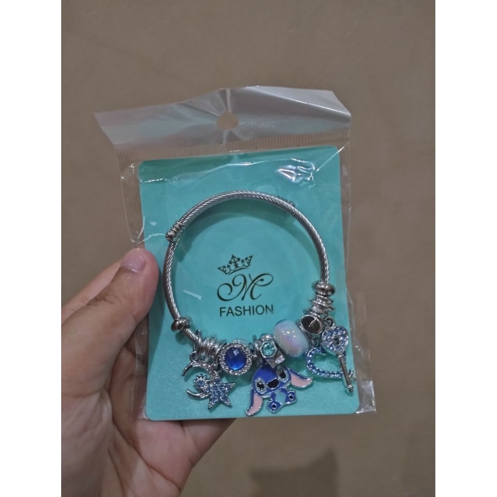 Gelang Pandora Bangle Charm Silver Stitch Biru/Gelang Pandora Serut Charm Gold Bunga Pink/Gelang Pan