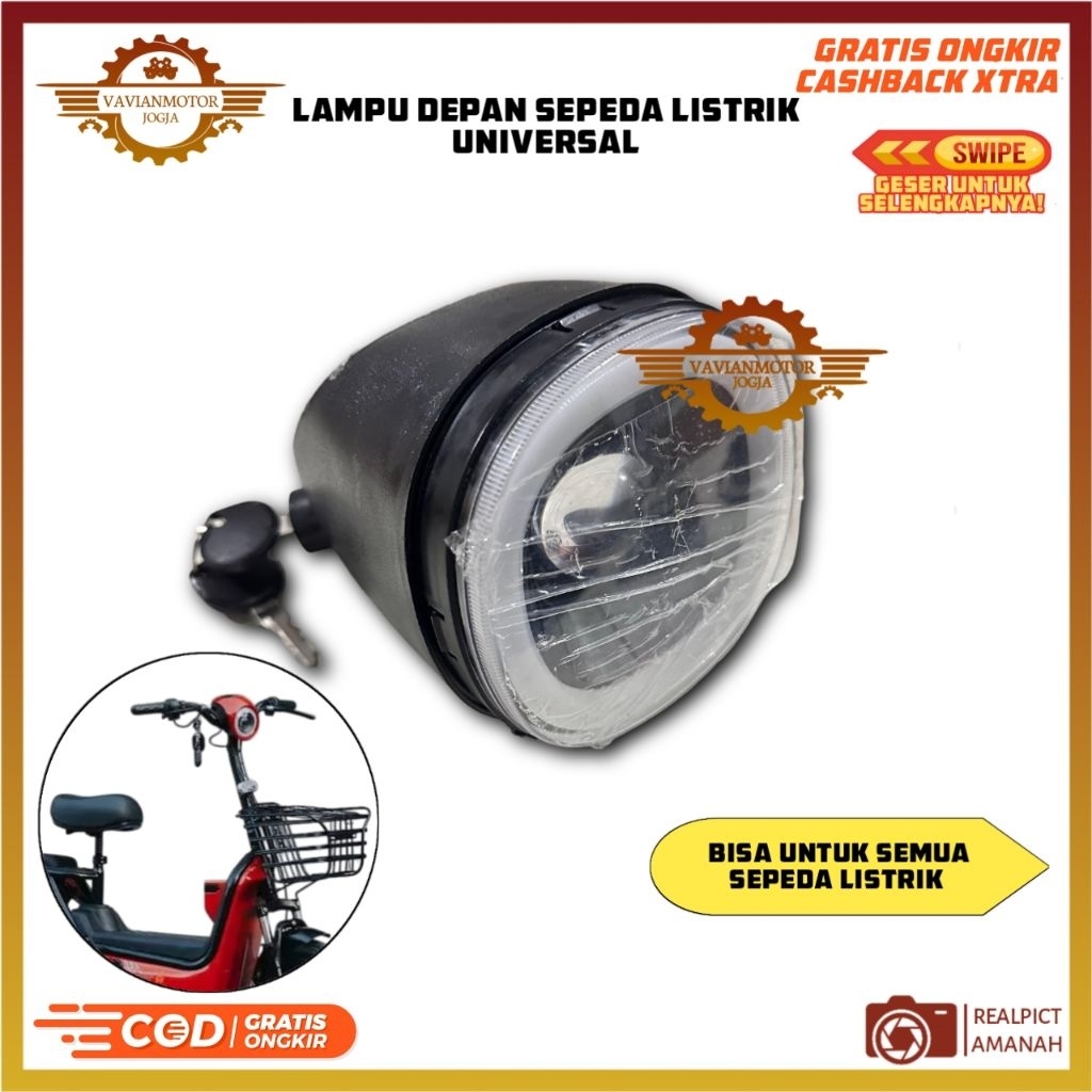 Lampu Depan Sepeda Listrik Universal Original | Cocok untuk Pacific, Exotic, Goda, Selis, Uwinfly | 