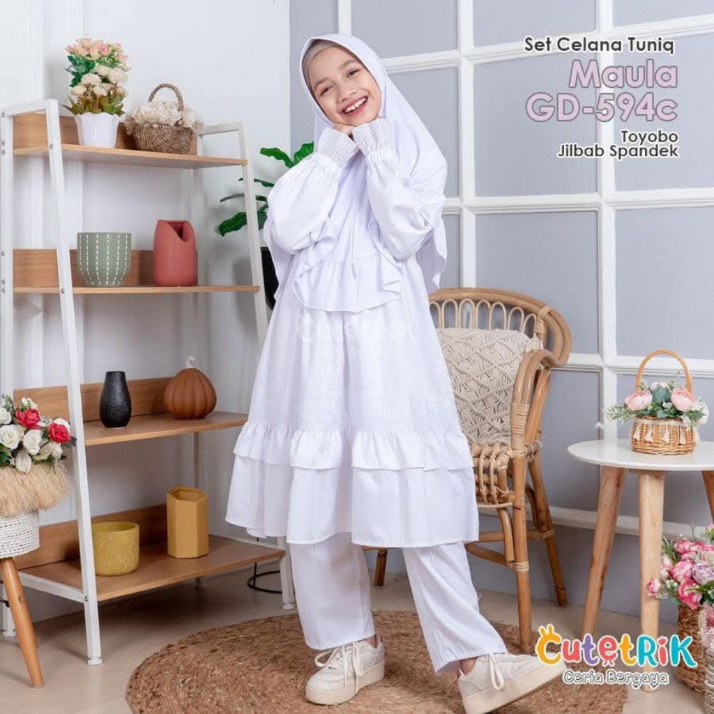 KOREAN STYLE SET JILBAB CUTETRIK SETELAN TUNIK CELANA MAULA ANAK PEREMPUAN BRUKAT BROKAT MODEL TERBA