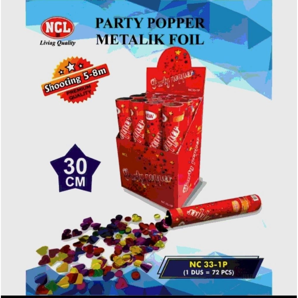 Partty popper/Confetti/Metalik Foil/Ncl Ukuran 30cm dan pipa asap warna warni