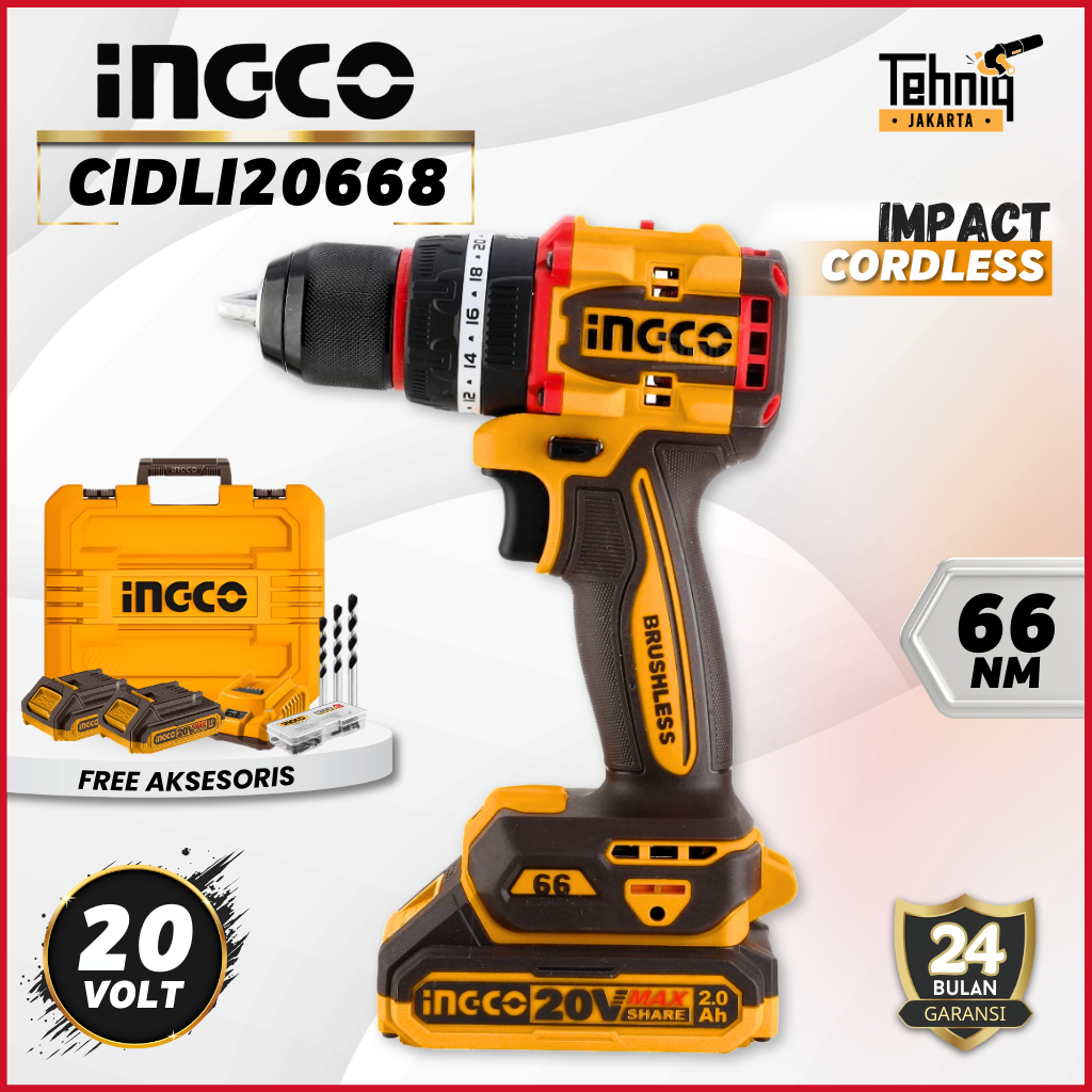 INGCO CIDLI20668 Mesin Bor Baterai Tembok Beton 20V / Ingco CIDLI20668 Impact Drill Cordless Brushle