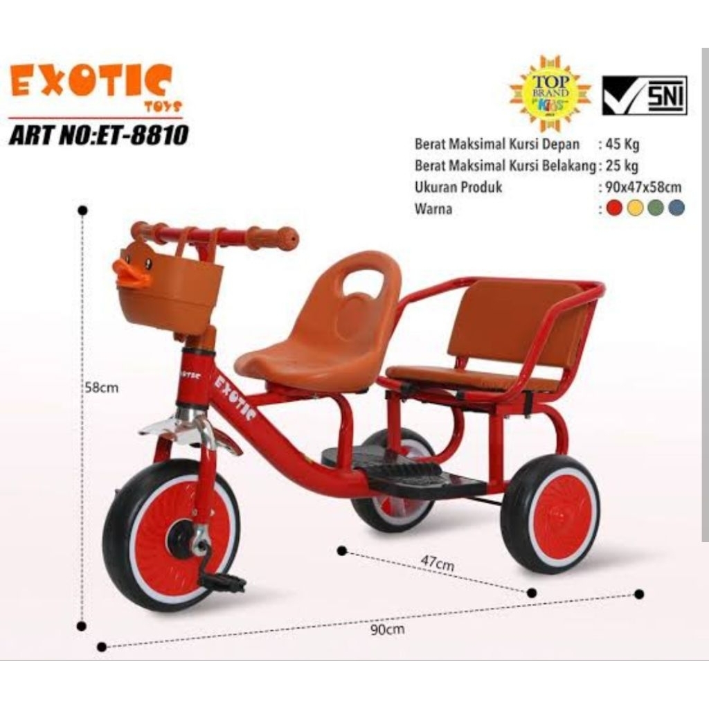 Sepeda Roda Tiga anak balita Boncengan 2 kursi Exotic ET 8810
