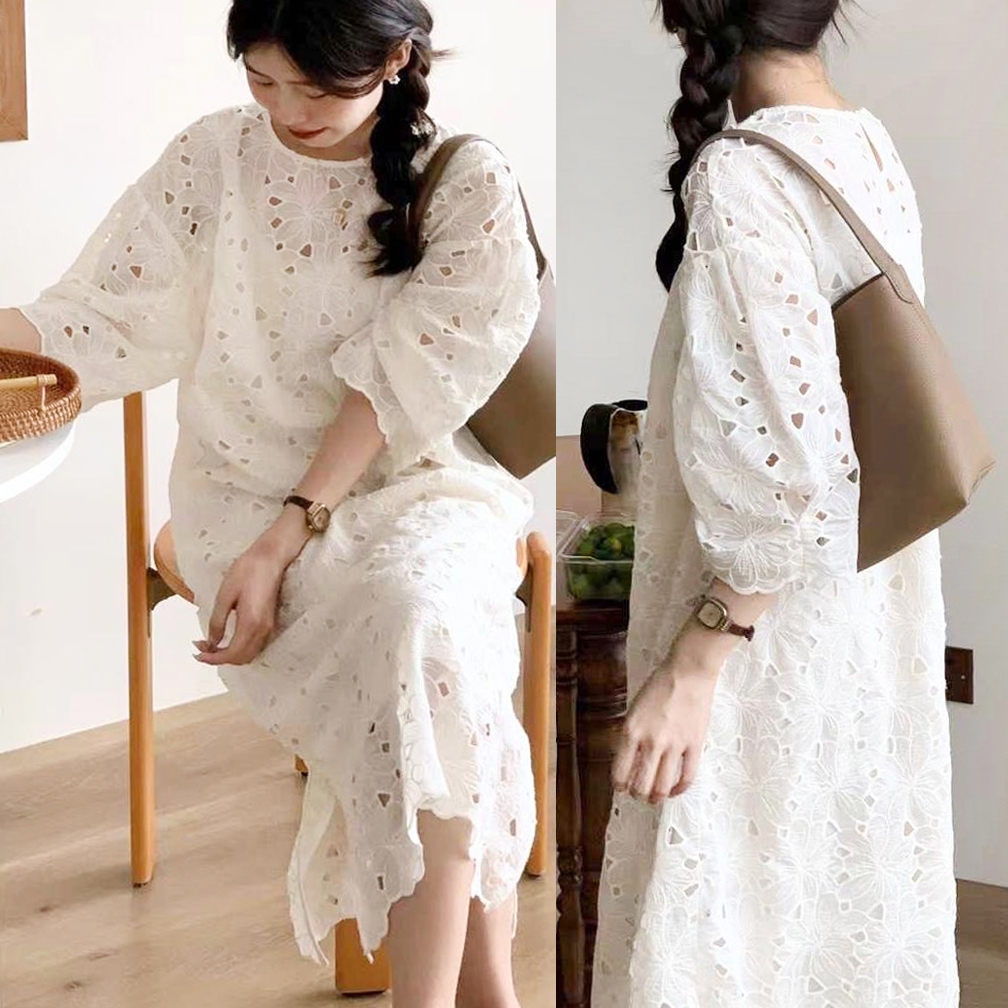 DRESS KATUN BORDIR EYELETS PREMIUM IVORY LENGAN 3/4 & DALAMAN KOREA IMPORT