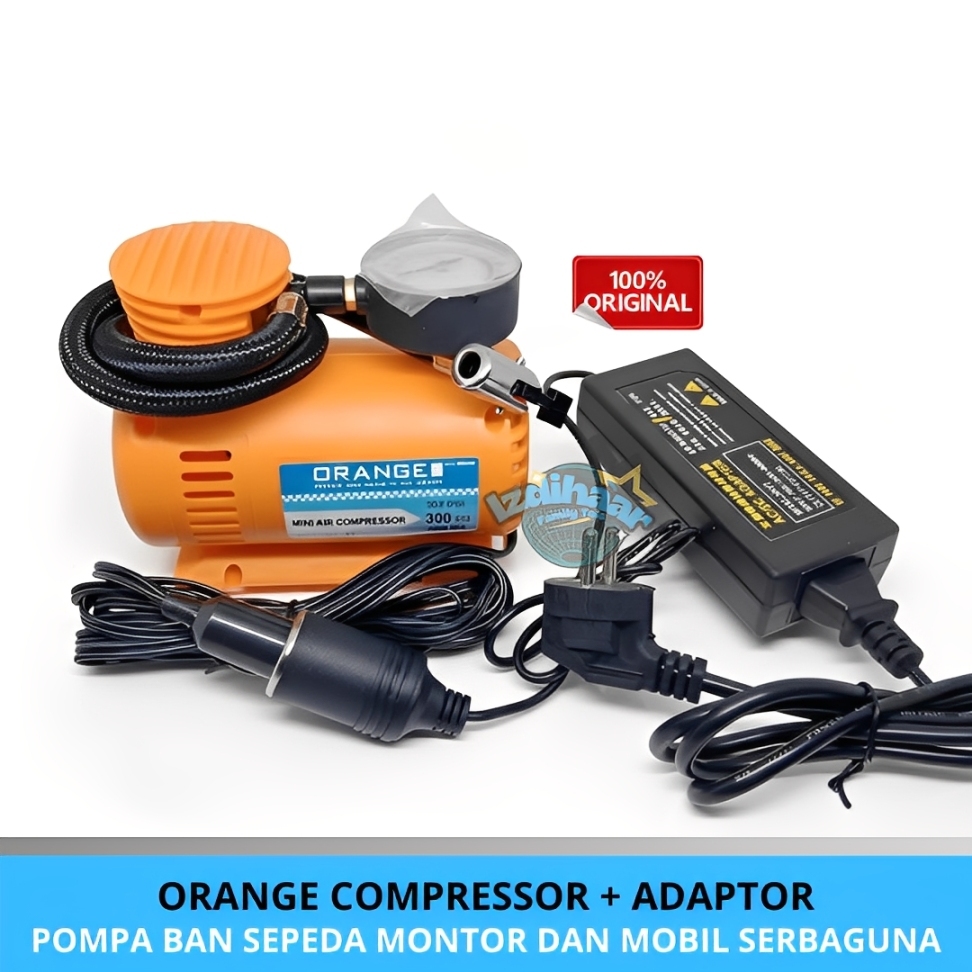 Orange Kompresor Angin Mini | 200 - 300 PSI | free adaptor Adaptor Listrik AC DC 12 Volt 5 Ampere