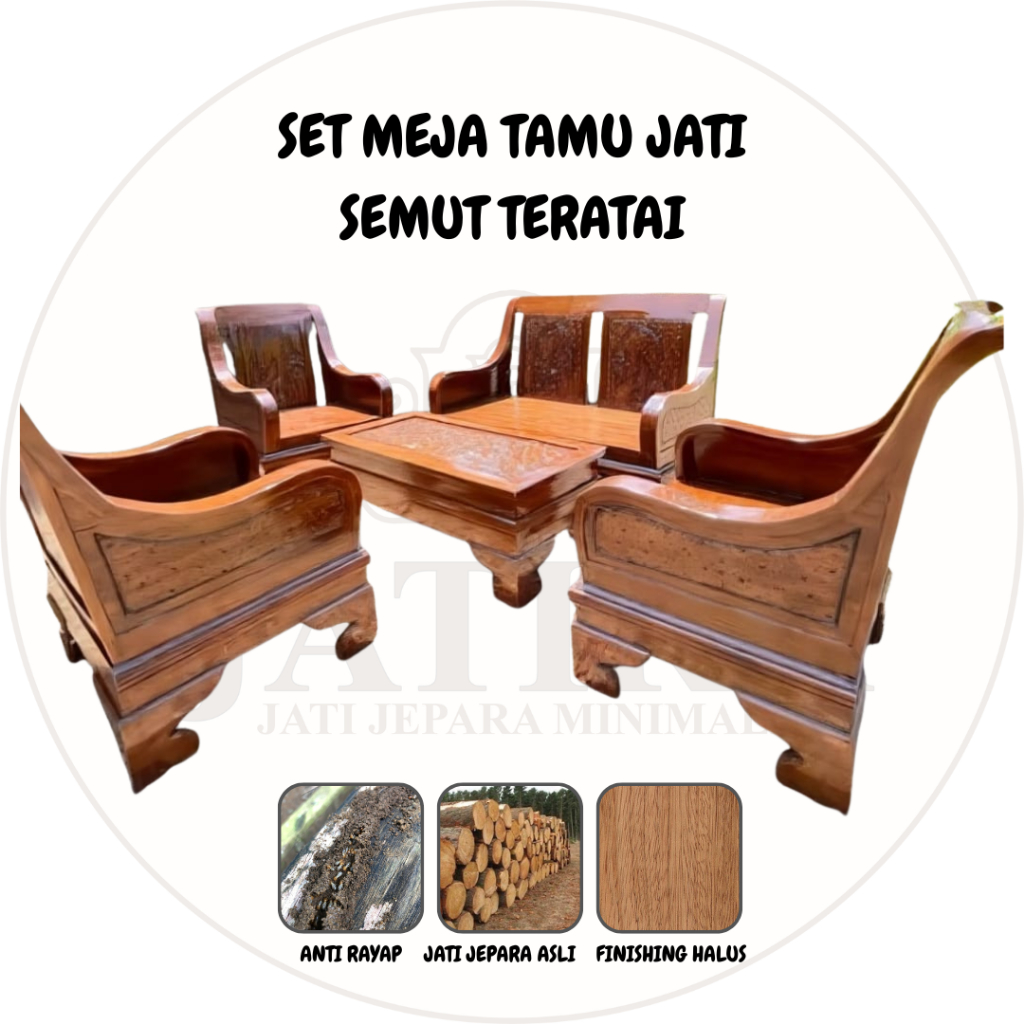 Set Meja Tamu Motif Semut Teratai | Meja Makan Jati Asli Jepara Murah Palembang