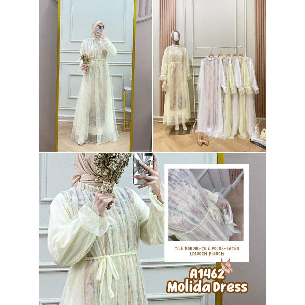Grosir Molida Dress A1462 bahan tile bordir tile polos saten Ld 110