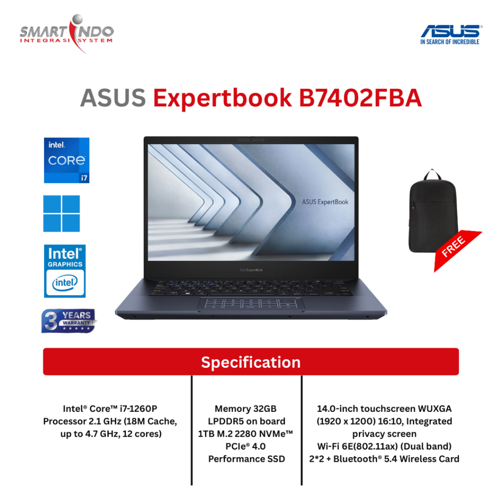Asus ExpertBook B7402FBA-LA7310X i7-1260P, 32GB, 1TB SSD, WF+BT, Touchscreen, WIN 11PRO, Warranty 3y