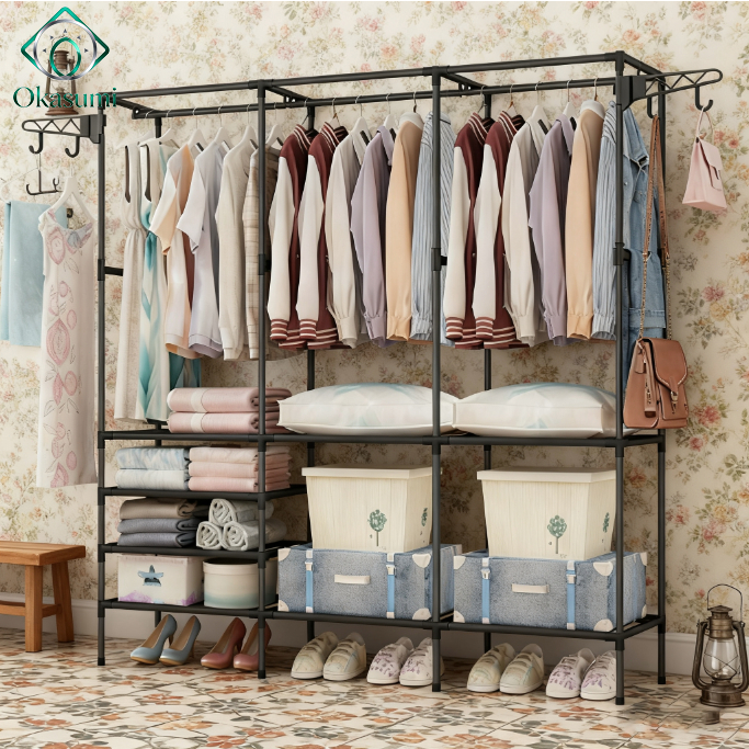 Okasumi Tiga Baris Rak Mantel Kapasitas Besar Gantungan Baju Berdiri Di Kamar Kokoh Rak Mantel Besi 