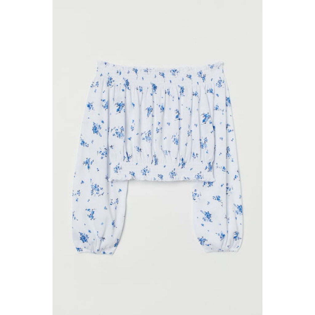 H&M White Off Shoulder Long Sleeve Top Hnm Blue Flower Cropped Top Bohemian Crop Top Boho Frill Ruff