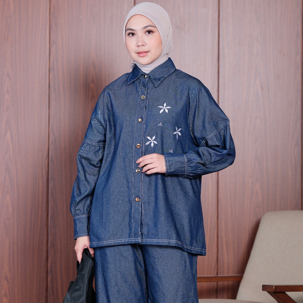 LADYORA - Viona Setelan Wanita Denim Tunik Lengan Panjang dan Rok Celana Elegan