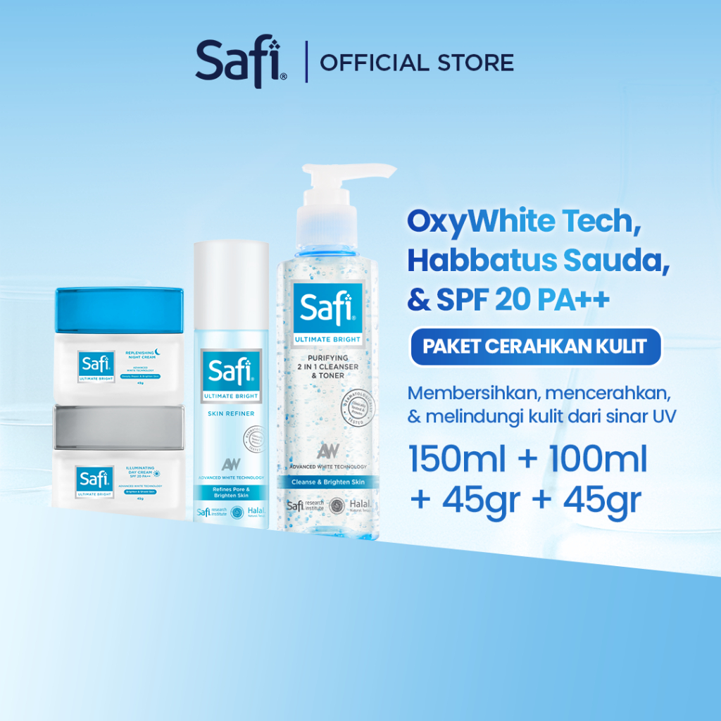 Safi Ultimate Bright Paket Perawatan Wajah Mencerahkan dengan Pembersih, Toner, Krim Siang dan Malam