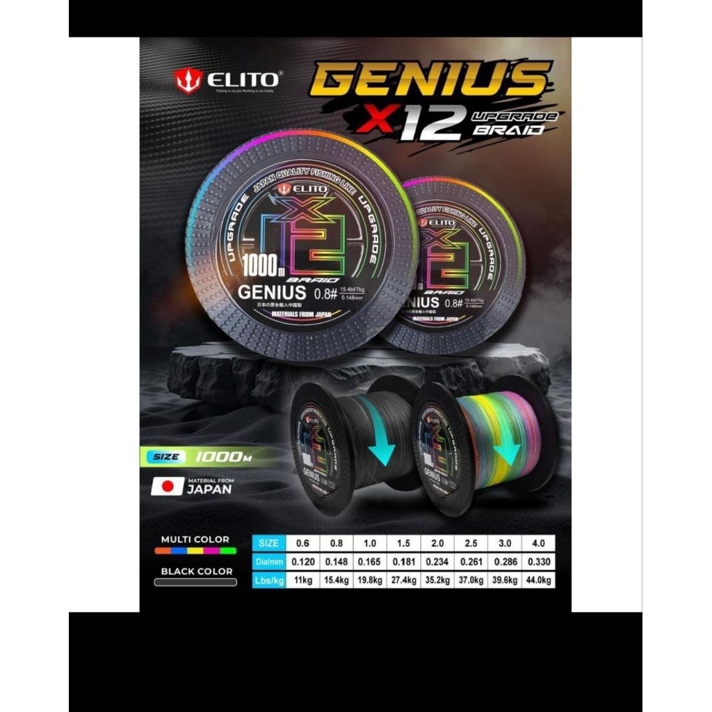 PE BRAID X12 ELITO GENIUS SUPER SMOOTH DAN SUPER STRONG JEPANG QUALITE UKURAN PE 0.6/PE 0.8/PE 2.0/P