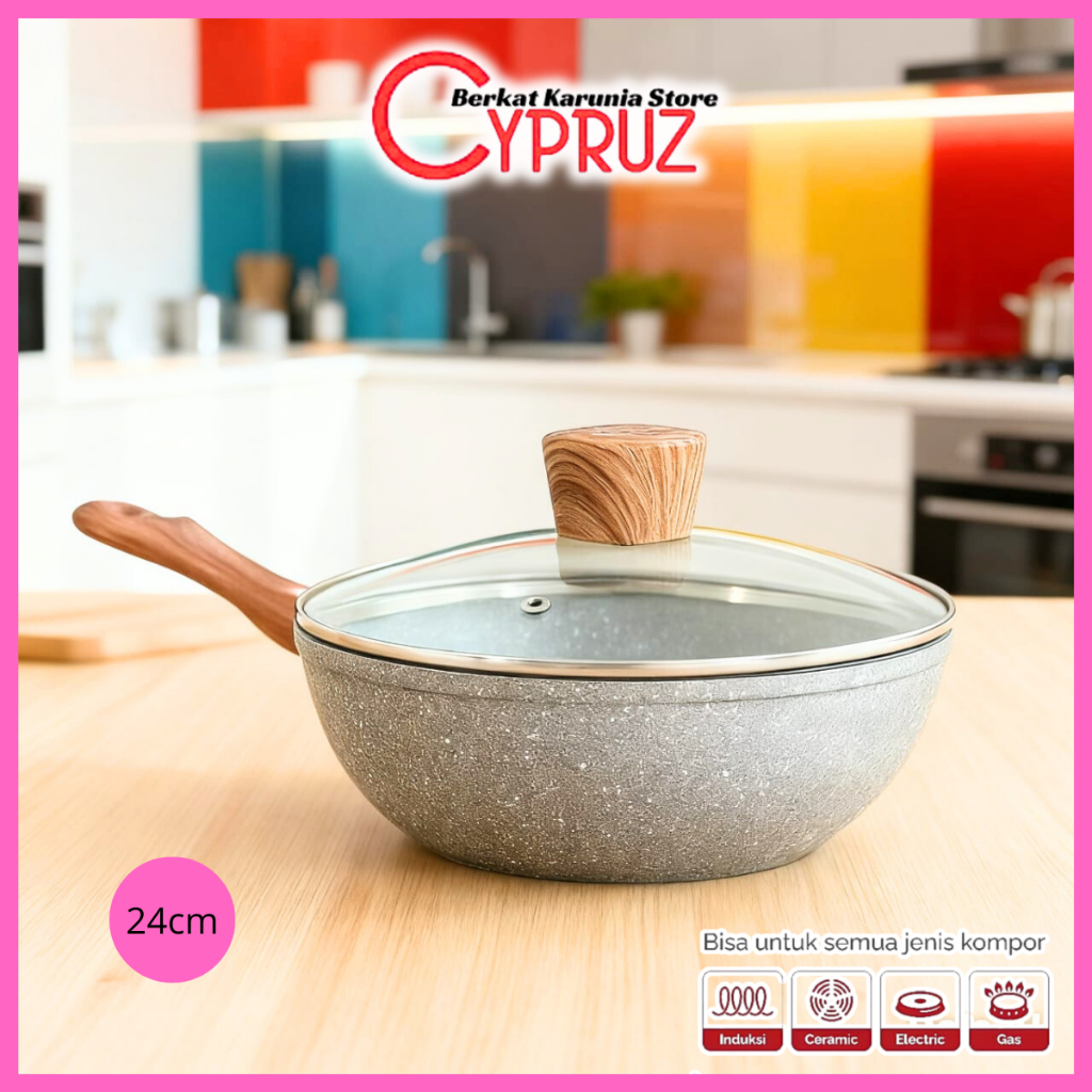 Cypruz Fry Wok Marble 24 cm Wajan Teflon Anti Lengket Penggorengan Dengan Tutup FP 0641