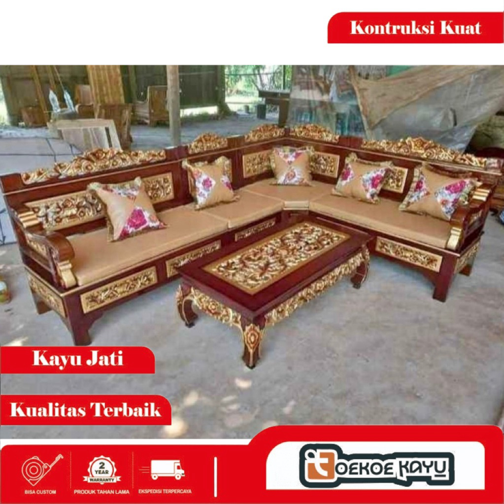 kursi ruang tamu sudut bagong meja ketapang, kursi sudut kayu jati asli, kursi tamu ukir jepara