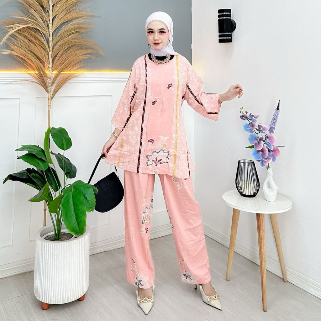 Setelan Tunik Celana Batik Super Premium - Busui Friendly - Setelan Daily Rayon - Jumbo Set Motif Ek