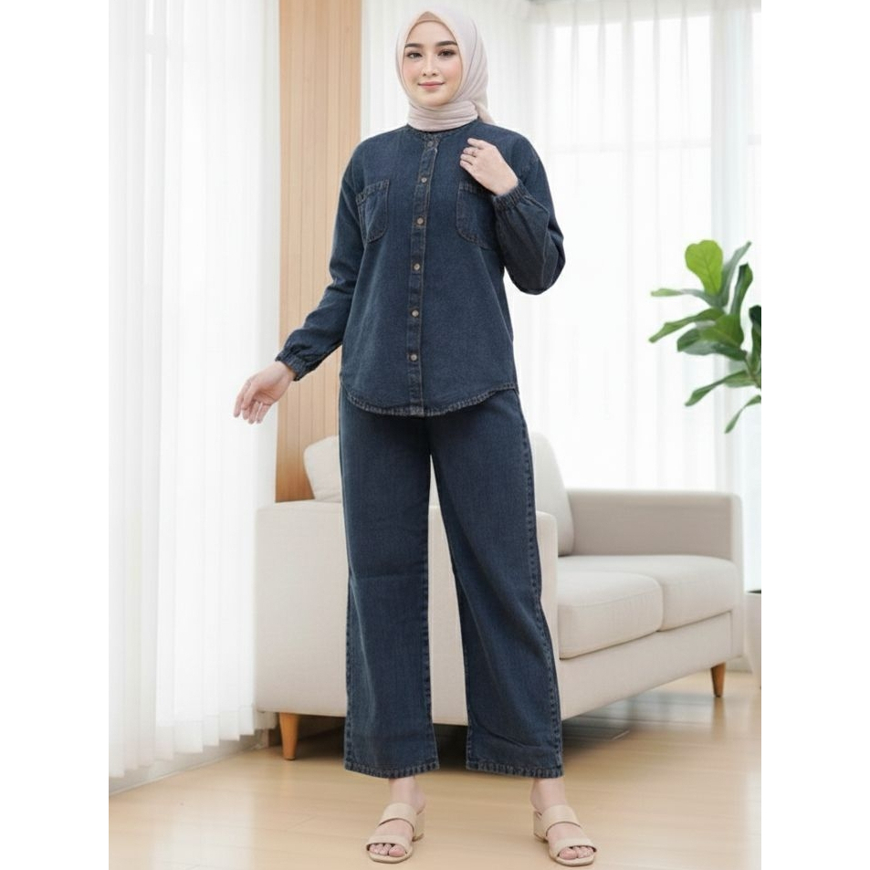 Aldira one set Jeans kulot wanita, setelan celana wanita, atasan full jeans