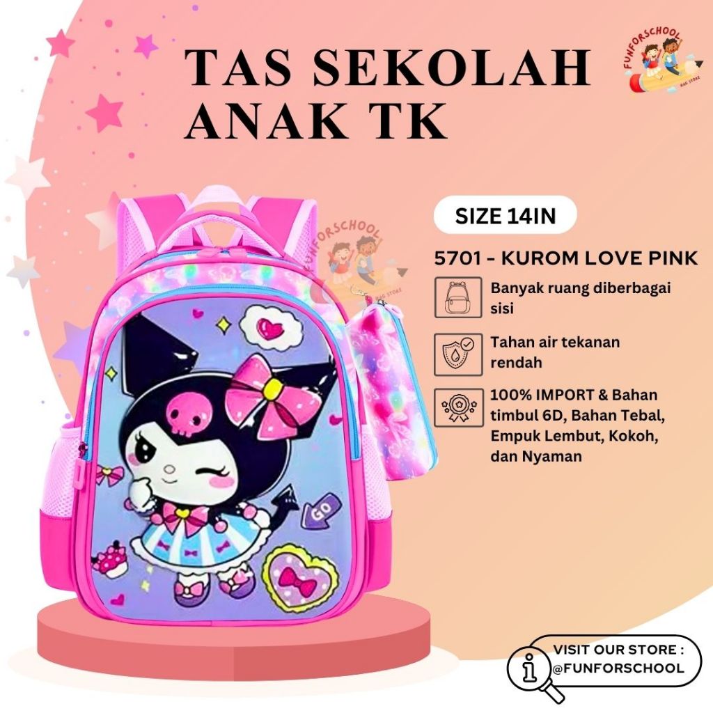 FFS Tas Sekolah Anak Perempuan Paud TK Import Bahan Nylon Premium Free Kotak Pensil Karakter Sanrio 