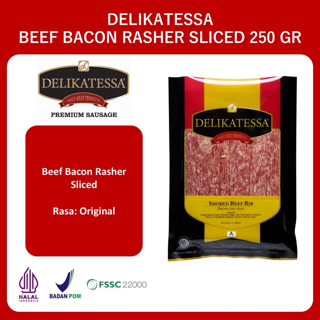 Delikatessa Beef Bacon Rasher Sliced 250 GR Daging Sapi Asap Rasher Halal