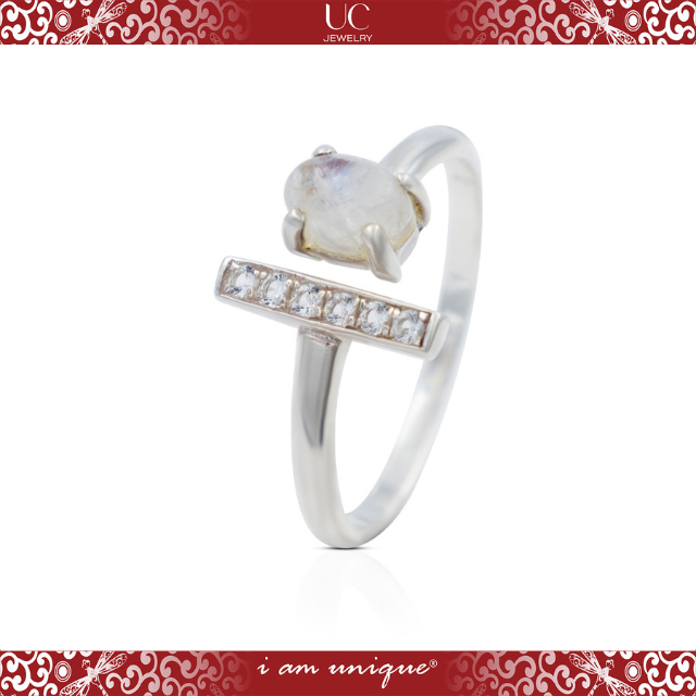 UC Jewelry Cincin Perak 925 Batu Moonstone Oval dan White Zircon Desain Vertikal