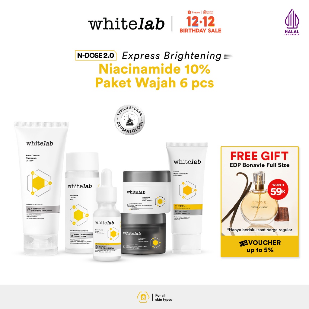 Whitelab Paket Wajah Brightening Niacinamide Facial Wash, Toner, Serum, Moisturizer, Sunscreen - 6 p