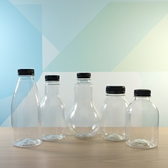 Botol pet plastik Clear Cubby 250ml,Pear 250ml, Bohlam 300ml, Cantik 350ml tutup HItam Segel