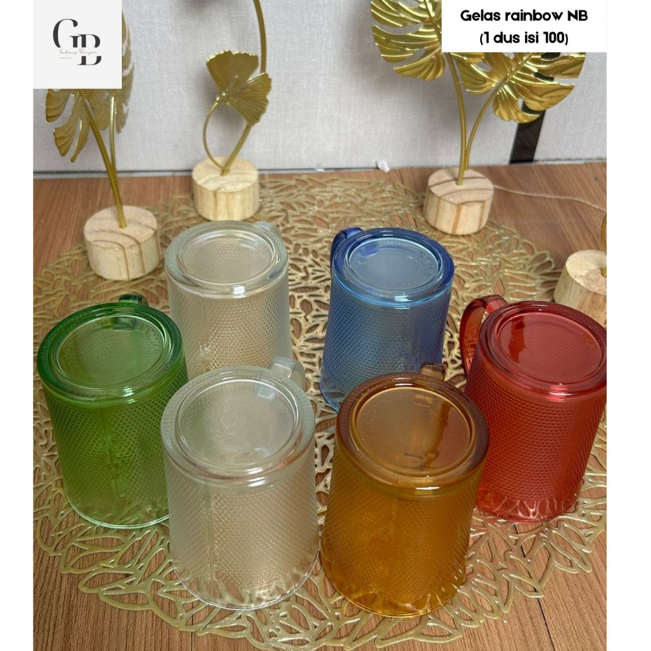 Gelas Kaca 6 Set Warna Warni Glassware Gagang Manik Pelangi / Gelas Kaca Tebal Set Warna