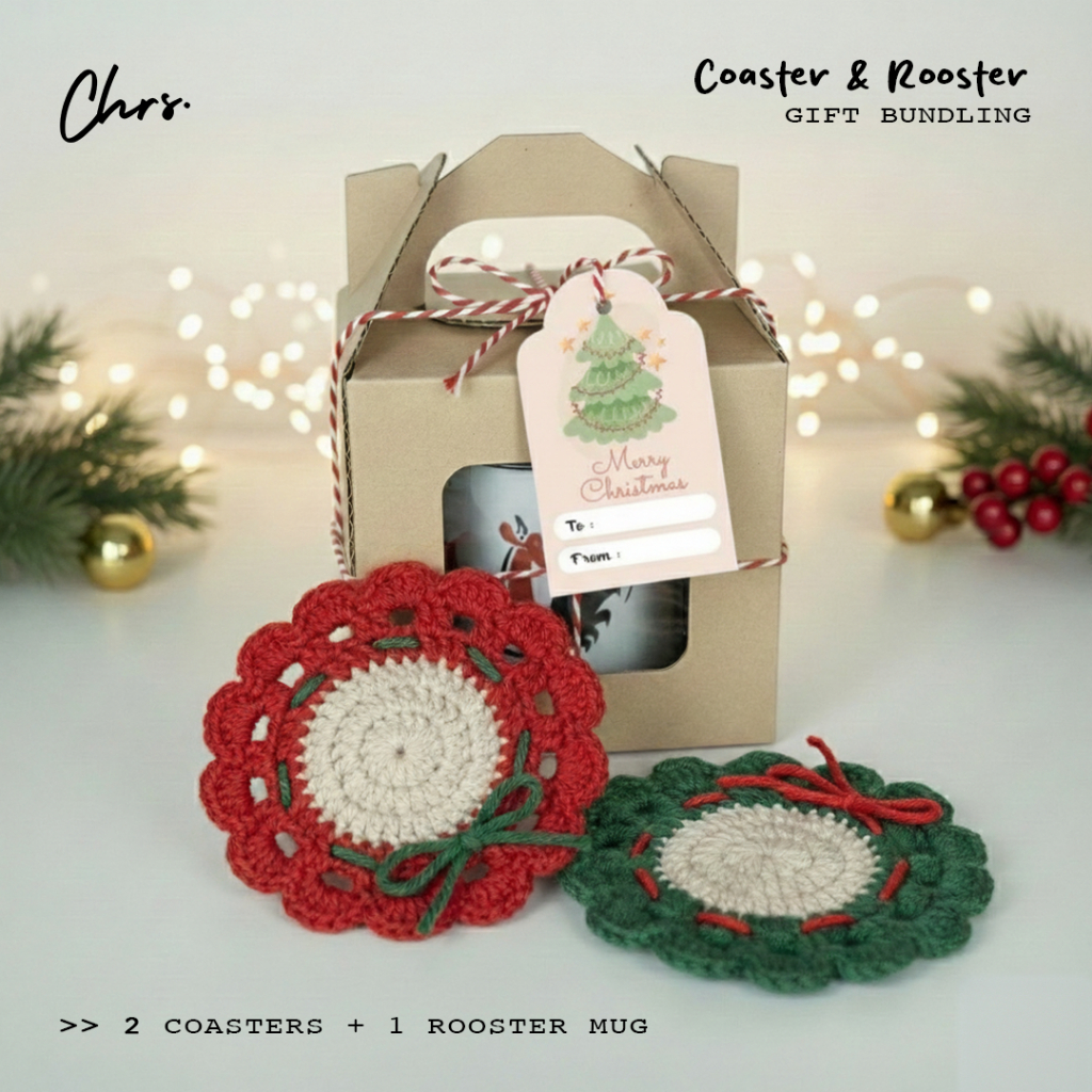 Coaster & Rooster Gift Bundle - Kado Natal Unik Mug Enamel & Tatakan Gelas Rajut