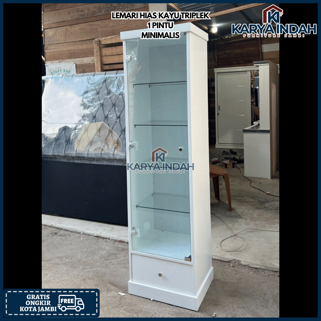 Lemari Hias KRISTAL 1 Pintu MINIMALIS KAYU TRIPLEK BUFET KACA LACI LAMPU Minimalis