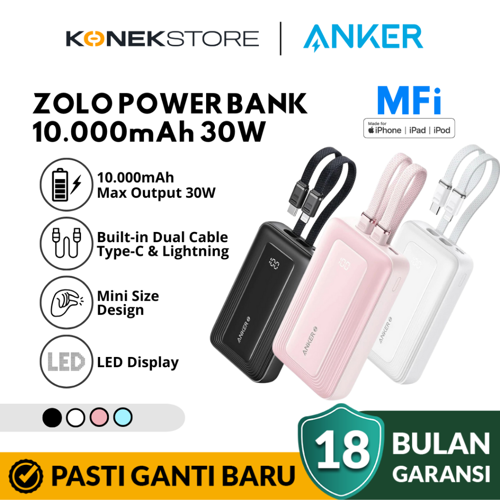 Anker Zolo Power Bank 10.000mAh 30W Max Fast Portable Charger with Built-in USB-C and MFi Certified 