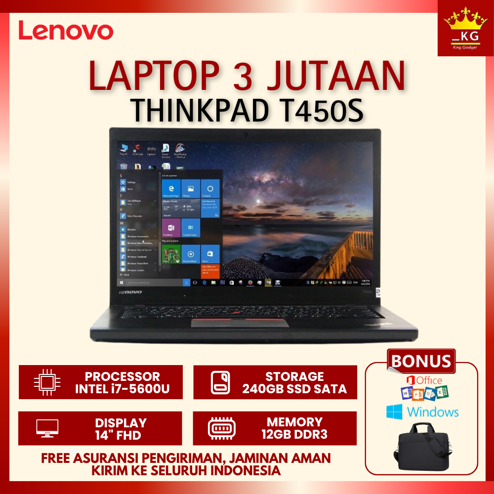 OBRAL LAPTOP LENOVO THINKPAD T450S CORE i7-5600U  RAM 12GB 240GB SSD LAYAR 14" FHD BONUS WINDOWS 10