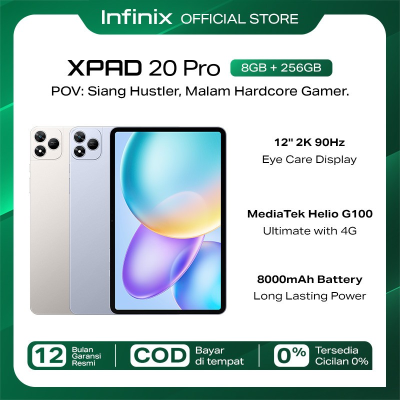 Infinix XPAD 20 Pro 8/256GB - Mediatek G100 Ultimate - 12" 2K 90Hz - 8000 mAh - 4G LTE  256GB Garans
