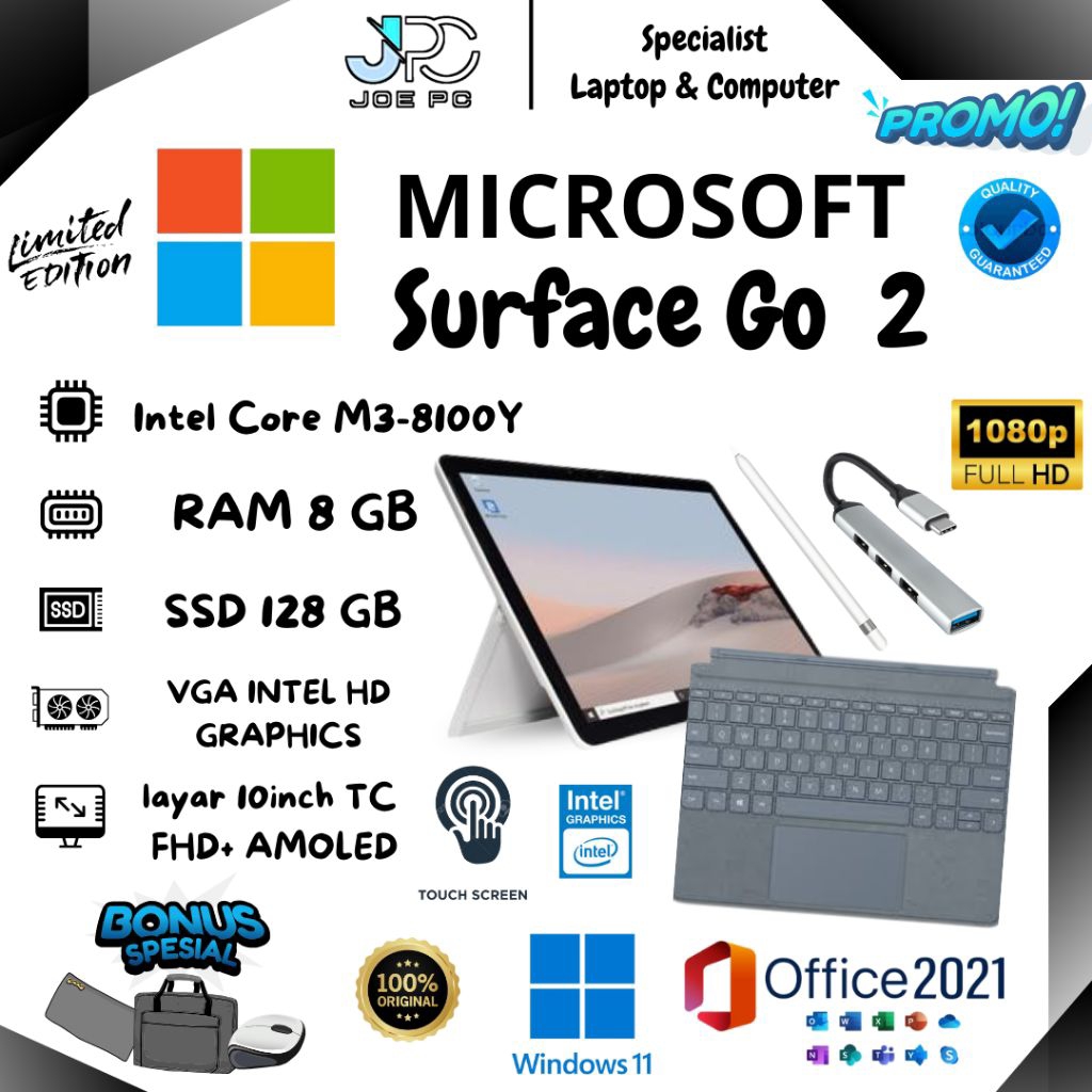 Laptop Tablet Microsoft Surface Go 2 Intel Core M3-8100Y RAM 8GB SSD 128GB Layar 10inch FHD+ IPS Pan