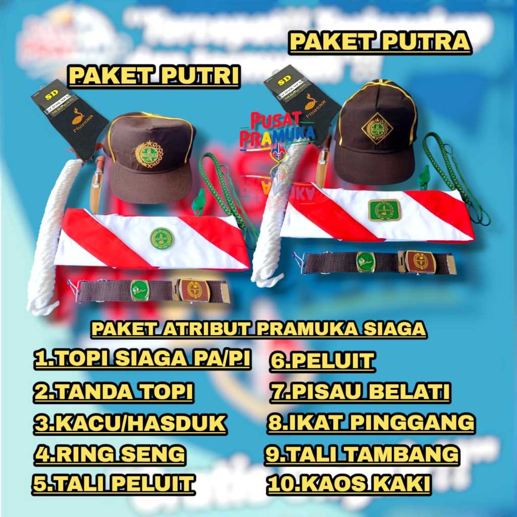 Paket Hemat Atribut Pramuka Siaga Lengkap – Topi, Pisau Belati, Ikat Pinggang, Tambang