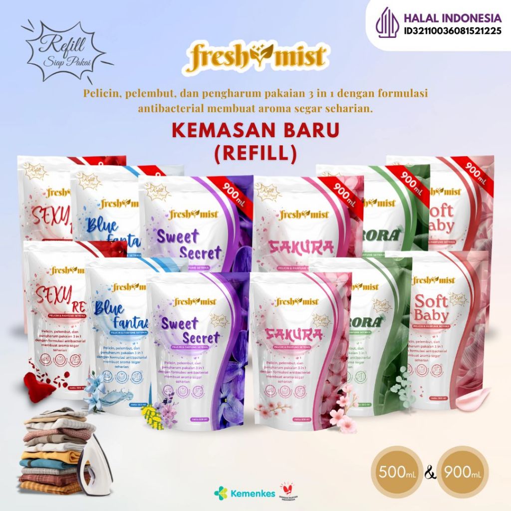Freshmist Refill Pouch Pelicin & Pengaharum Pakaian 3in1 Ukuran 500ml dan 900ml