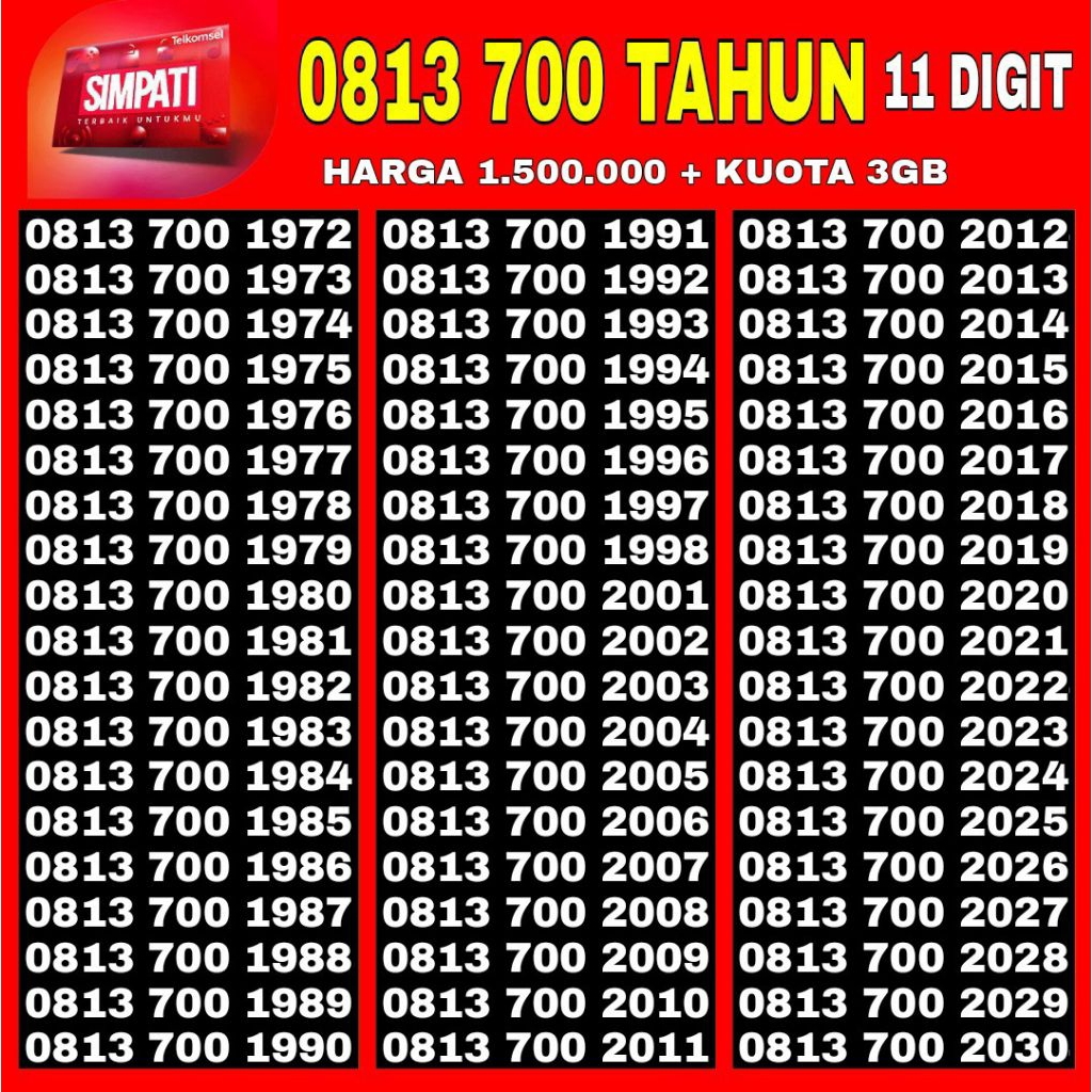 NOMOR CANTIK SIMPATI TELKOMSEL SERI TAHUN LAHIR 11 DIGIT