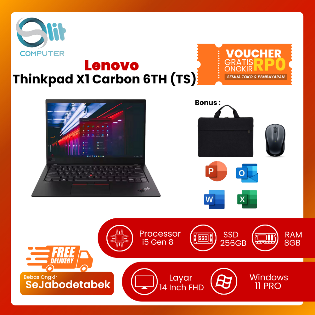 LENOVO THINKPAD X1 CARBON 6th i5-8350U RAM 8GB SSD 256GB 14 Inch FHD Laptop Second Rasa Baru