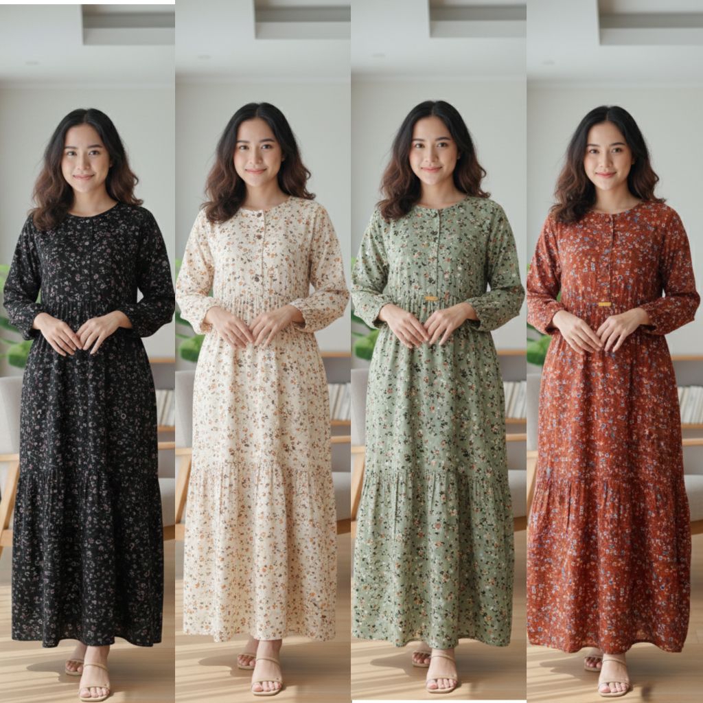 Winda dress, MIDI dress terbaru model kekinian busui bahan rayon twill motif bunga