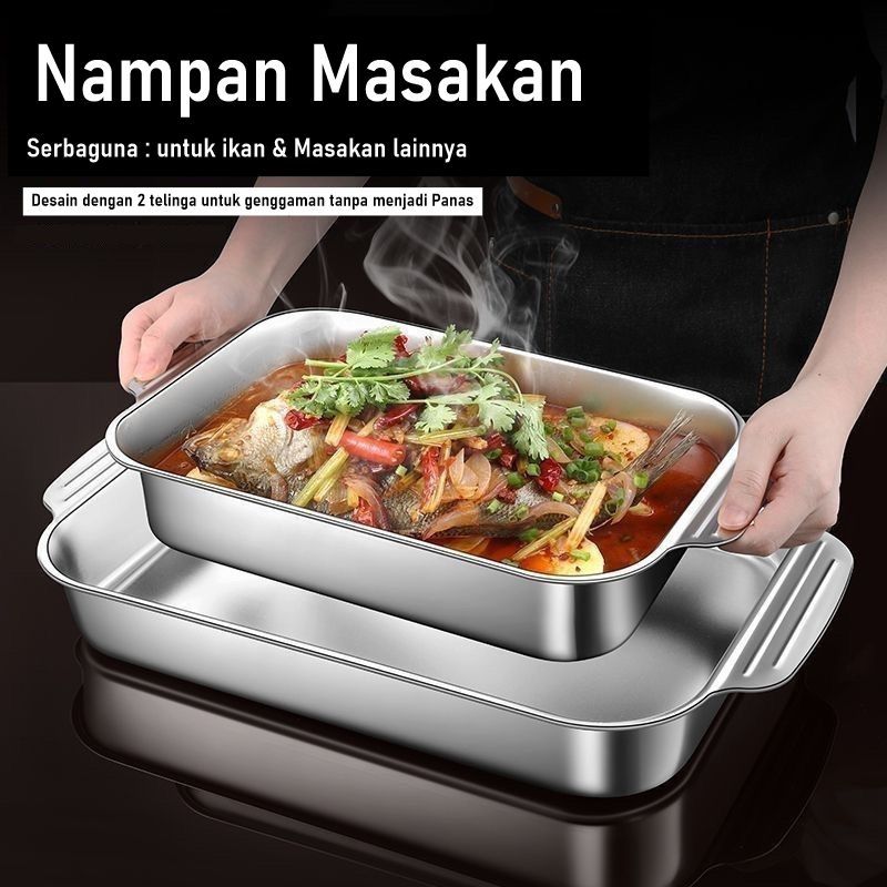 Nampan Panci Panggangan Ikan Stainless Steel Wadah Masakan Prasmanan Anti Karat + Tutup