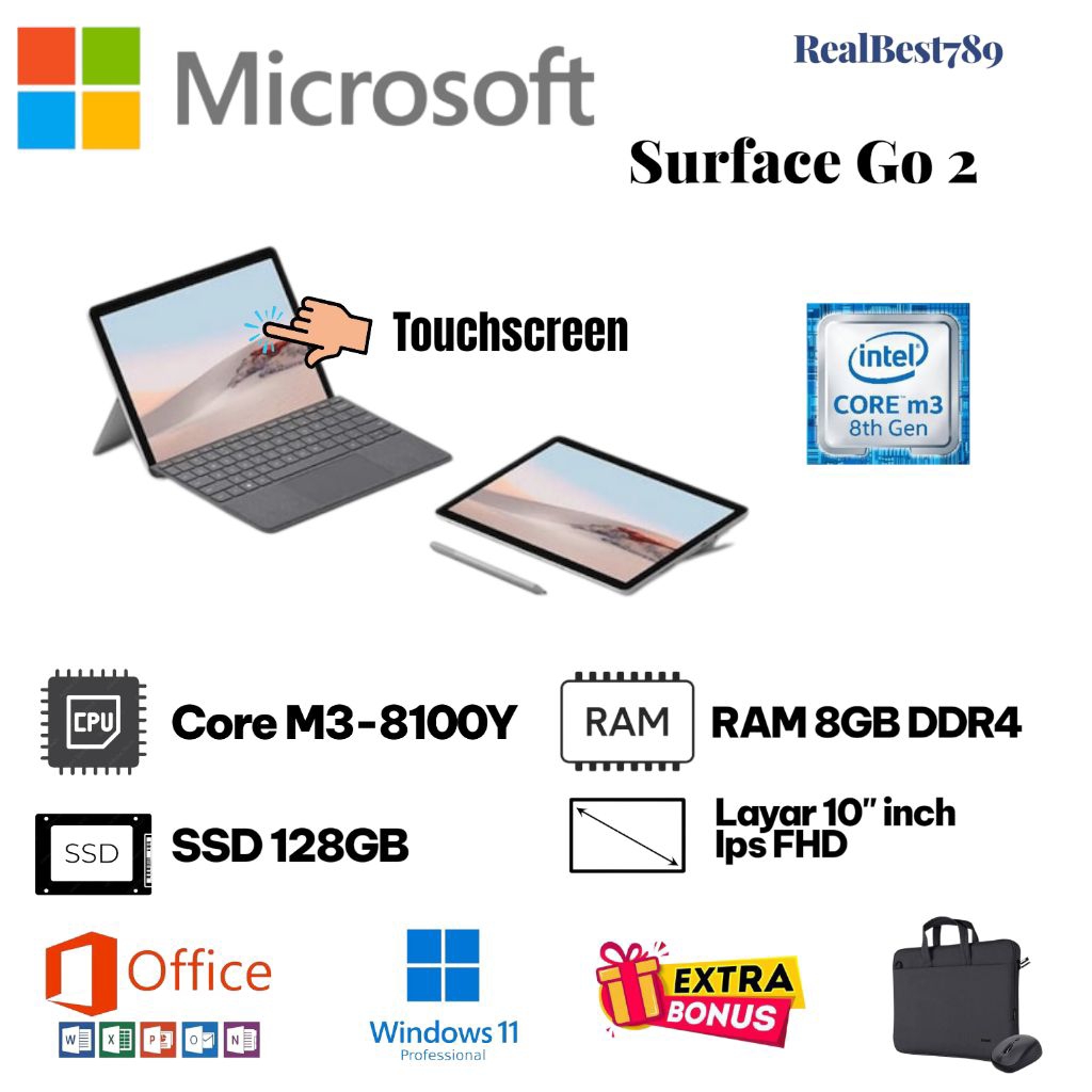 Microsoft Surface Go 2 2in1 Tablet Core M3 8100y Ram 8GB Ssd 128GB Layar 10in Touchscreen Bisa Lepas