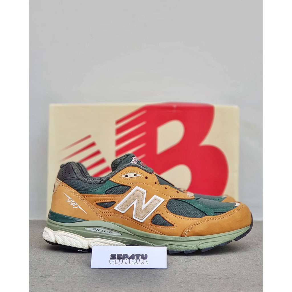Sepatu Sneaker Pria NB 990v3 Tan Green  Made in USA M990WG3