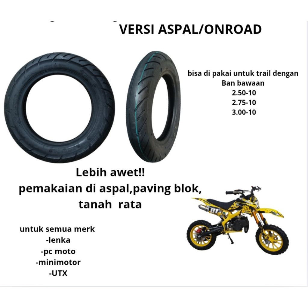 BAN TRAIL MINI 2.50-10 VERSI ON ROAD LEBIH AWET UNTUK SEMUA MERK-PCMOTO-MINIMOTOR-LENKA-UTX