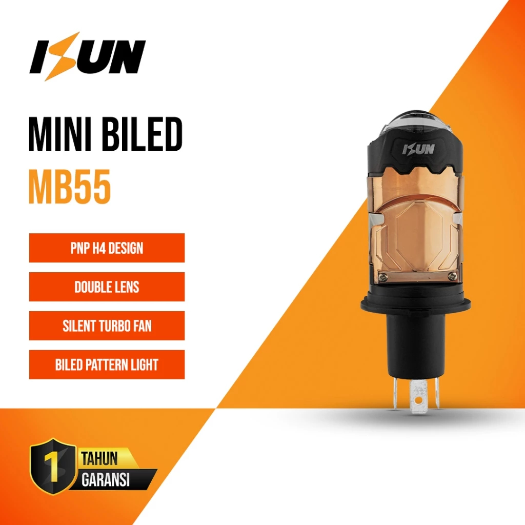 ISUN Lampu H4 Mini BILED MB55 Flat Cut Off dengan Double-Lens Laser dan Kipas Pendingin DC9-60V/50W