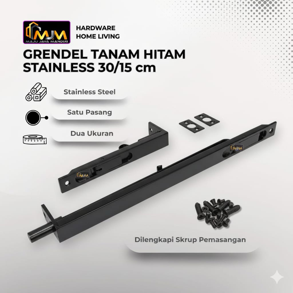 Grendel Tanam Hitam Slot Pintu Tanam Panjang 30 cm dan 60 cm Satu set Stainlees Tebal