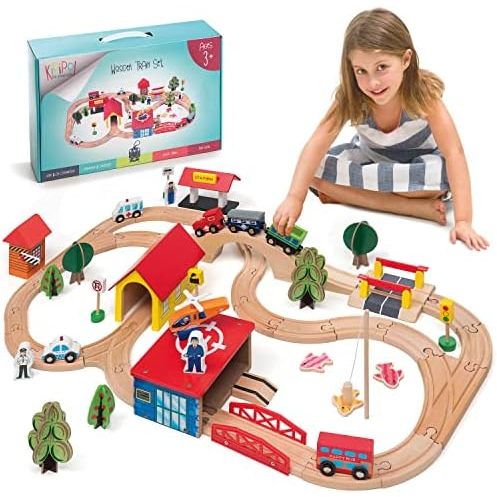 Wooden Train Set - 69 Pieces Wooden Train Tracks & Trains for Kids, Toddler