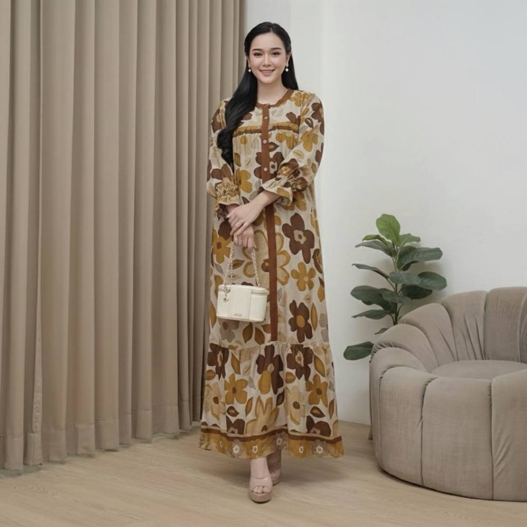 Nagita Dress Jumbo Ld 120 Rayon Motif Terbaru Gamis Motif Kekinian Lengan balon