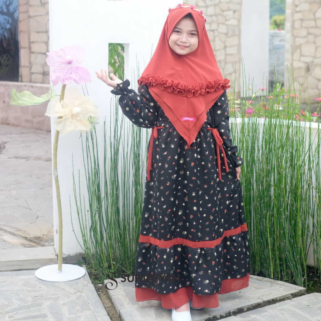 CUCI GUDANG Gamis Dress Muslimah Anak Khumaero Syar'i Bahan Shakila Motif Bunga Set Plus Jilbab