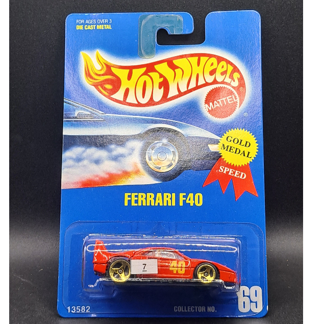 1991 Hot Wheels - Red Ferrari F40 - 3 Spoke - Gold Medal Speed - Balap - #7
