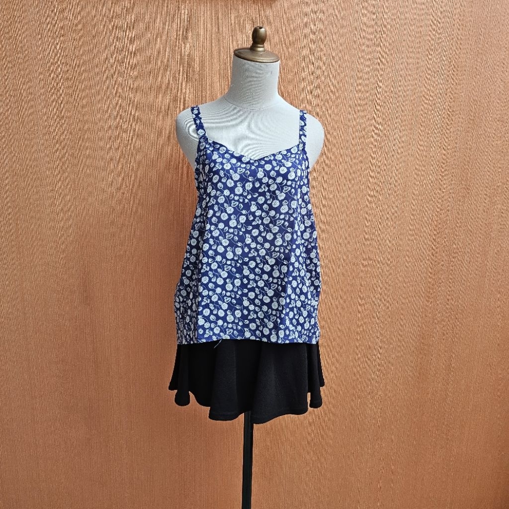 atasan tank top wanita biru motif bunga putih XL cewek santai blouse jumbo